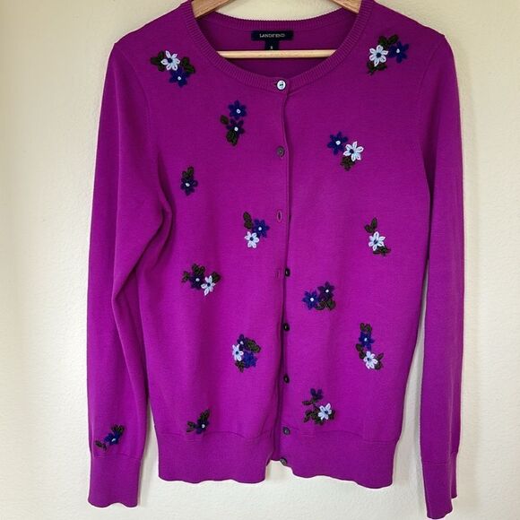 Lands’ End Purple Embroidered Floral Cardigan Sweater 100% Cotton Size Small - Picture 1 of 8